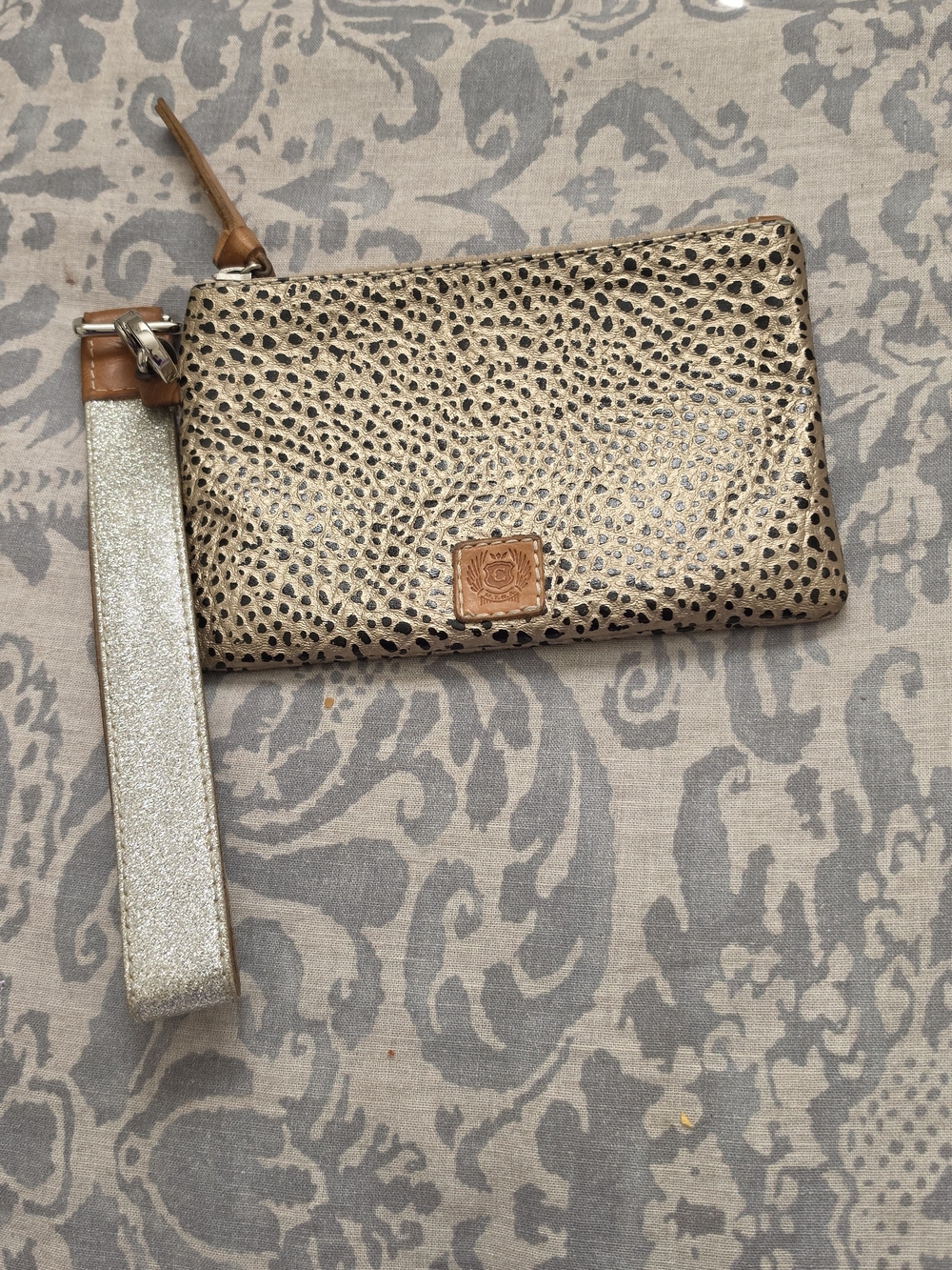 Consuela Metallic Gold Wristlet Clutch with Leather Accent